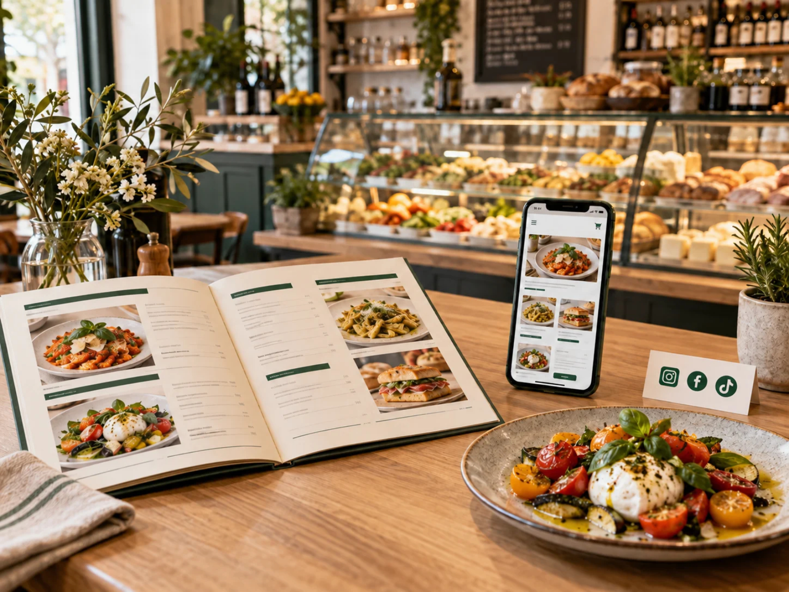 Menu stampato, smartphone e presentazione dei prodotti in un locale food.