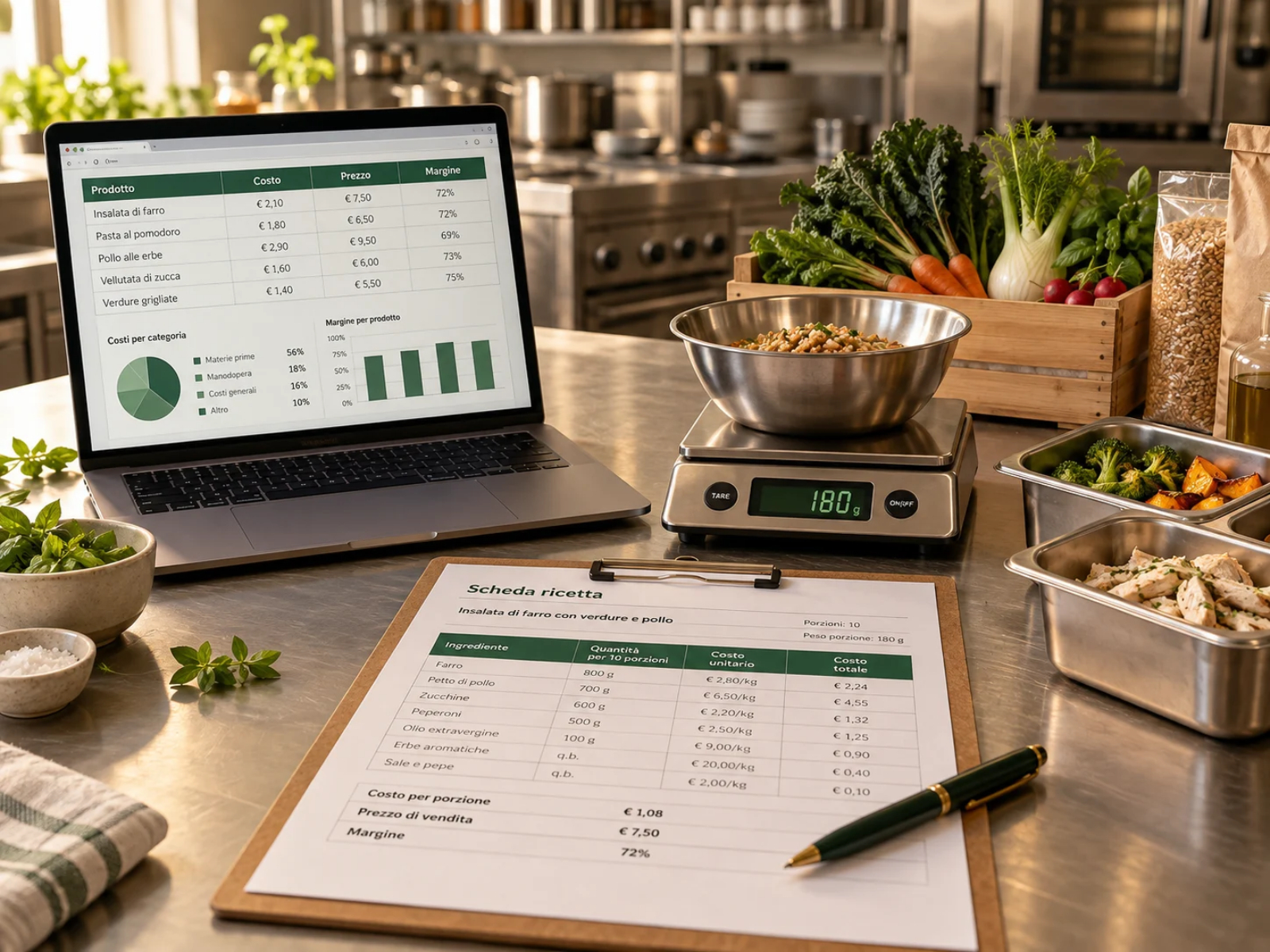 Bilancia, ingredienti porzionati, scheda ricetta e computer con analisi dei costi in cucina.